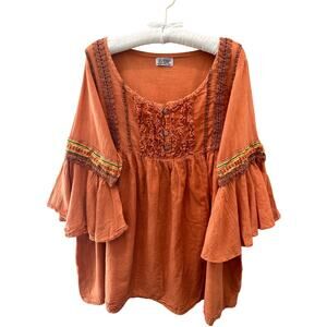 MEXICALI BLUES Boho Orange Embroidered Bell Sleeve Top Festival Cotton | Large